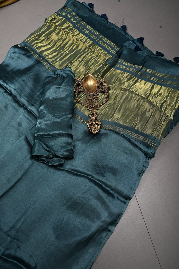 Peacock Blue Borderless Modal Silk Saree with Lagda Patta Crushed Pallu | SHOBITAM