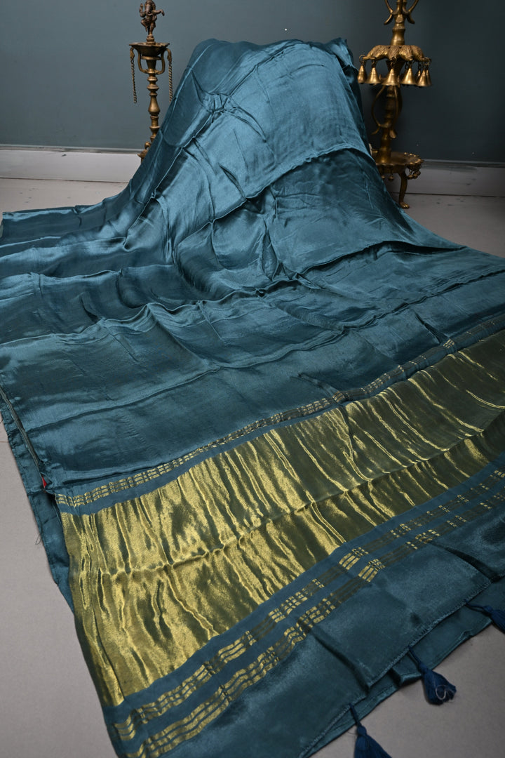 Peacock Blue Borderless Modal Silk Saree with Lagda Patta Crushed Pallu | SHOBITAM