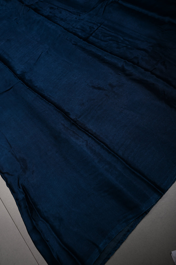 Dark Teal Borderless Modal Silk Saree with Lagda Patta Crushed Pallu | SHOBITAM