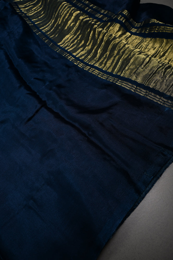 Dark Teal Borderless Modal Silk Saree with Lagda Patta Crushed Pallu | SHOBITAM
