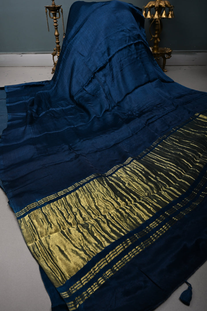 Dark Teal Borderless Modal Silk Saree with Lagda Patta Crushed Pallu | SHOBITAM