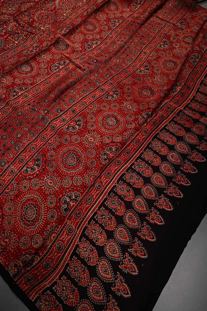 Blood Red Modal Silk Saree with Ajrakh Hand Block Print and Border | SHOBITAM
