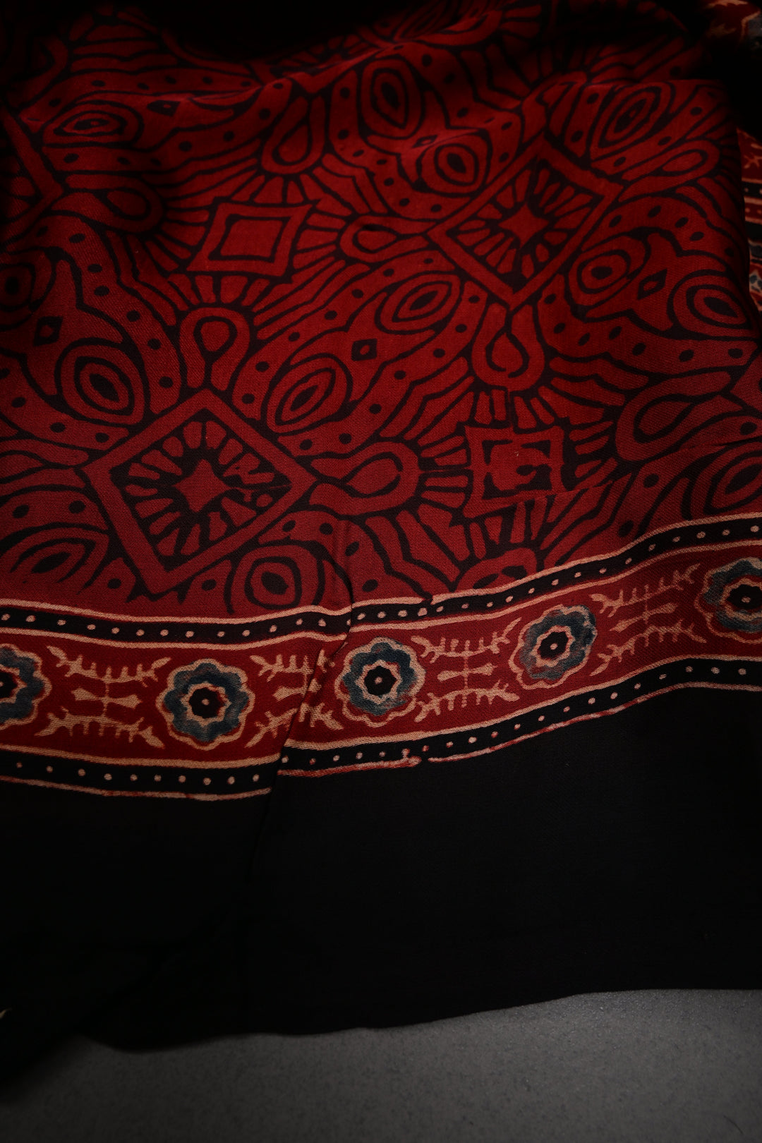 Blood Red Modal Silk Saree with Ajrakh Hand Block Print and Border | SHOBITAM
