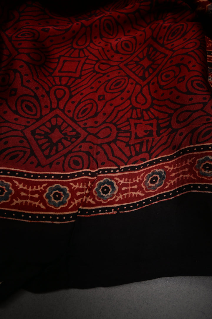 Blood Red Modal Silk Saree with Ajrakh Hand Block Print and Border | SHOBITAM