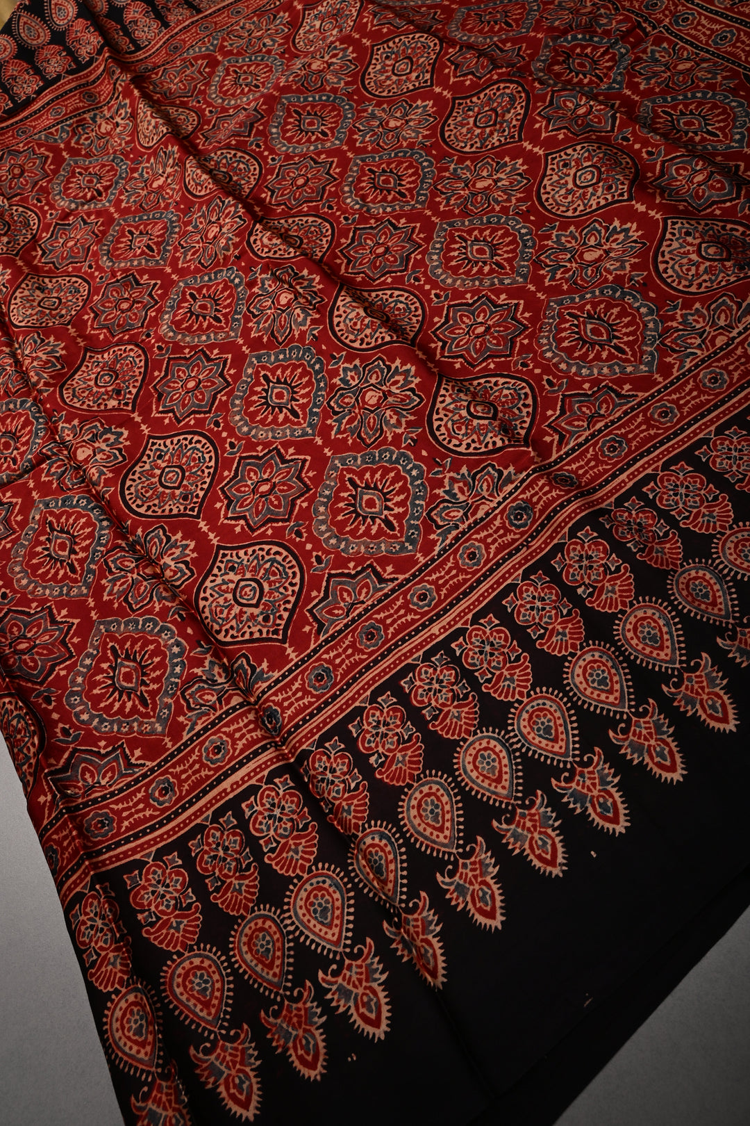 Blood Red Modal Silk Saree with Ajrakh Hand Block Print and Border | SHOBITAM