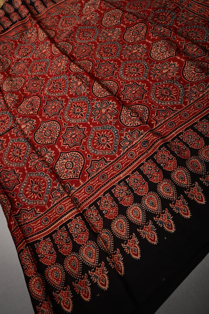 Blood Red Modal Silk Saree with Ajrakh Hand Block Print and Border | SHOBITAM