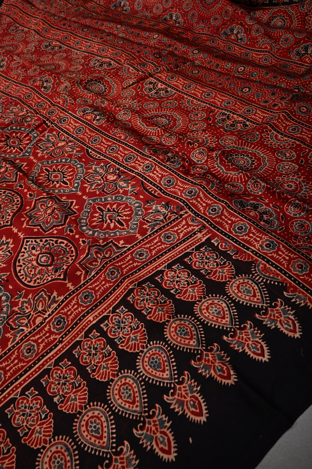 Blood Red Modal Silk Saree with Ajrakh Hand Block Print and Border | SHOBITAM