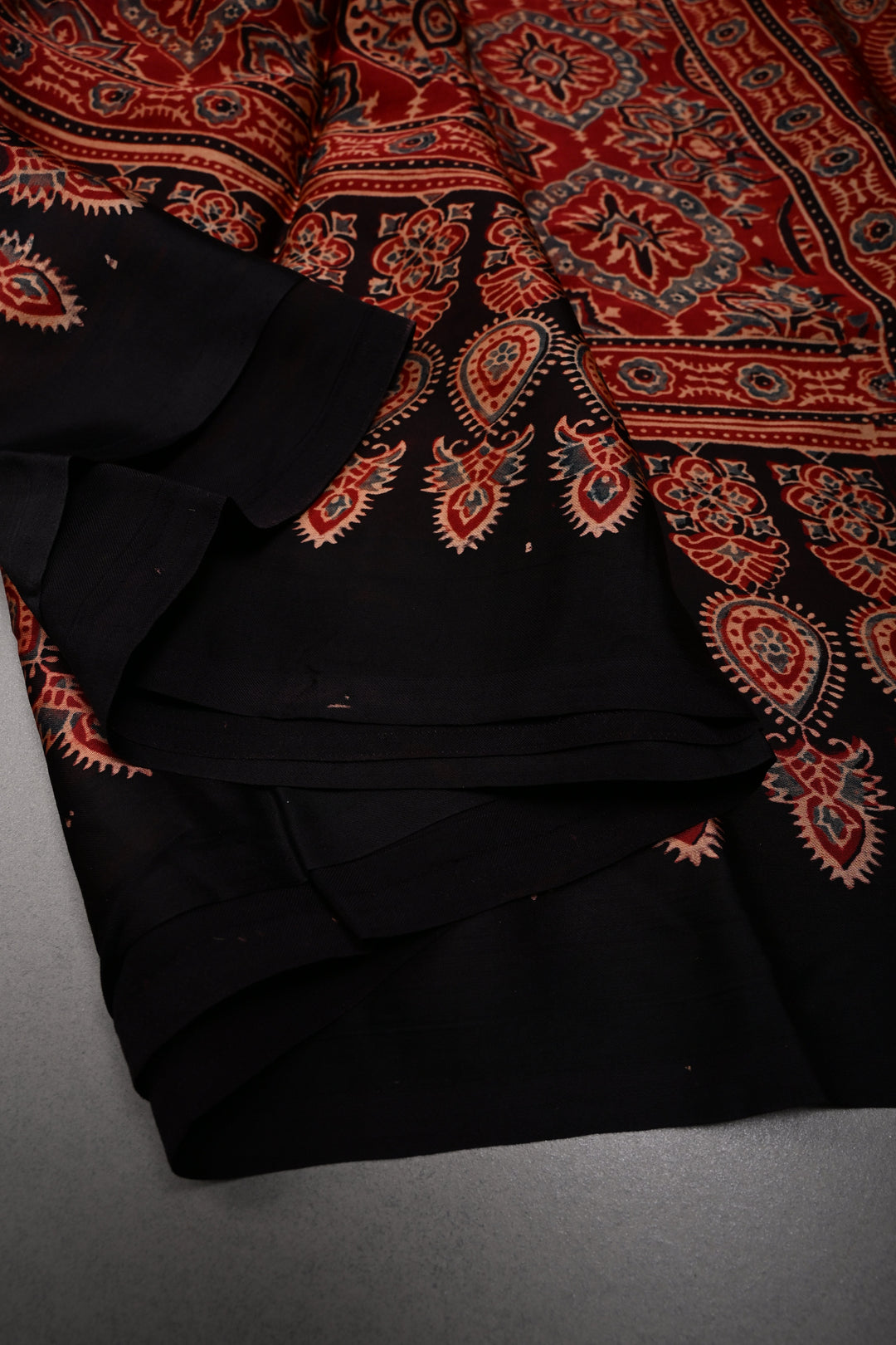 Blood Red Modal Silk Saree with Ajrakh Hand Block Print and Border | SHOBITAM