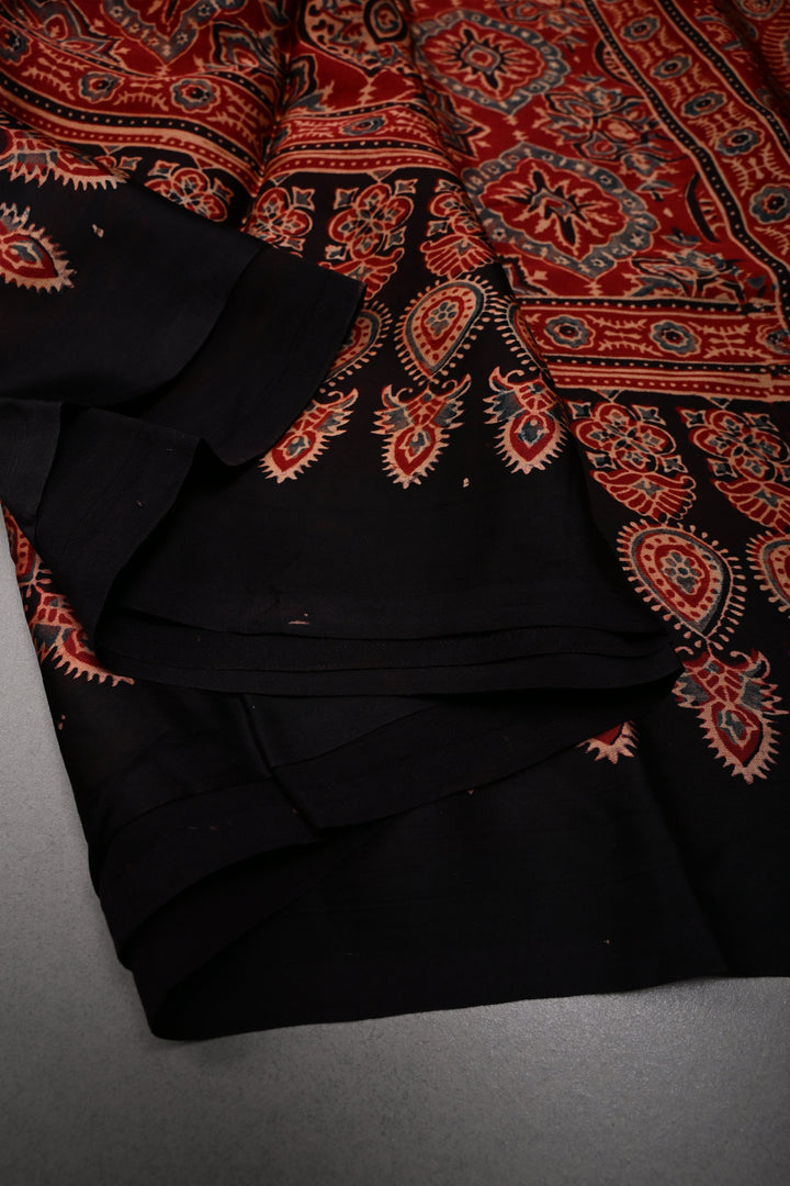 Blood Red Modal Silk Saree with Ajrakh Hand Block Print and Border | SHOBITAM