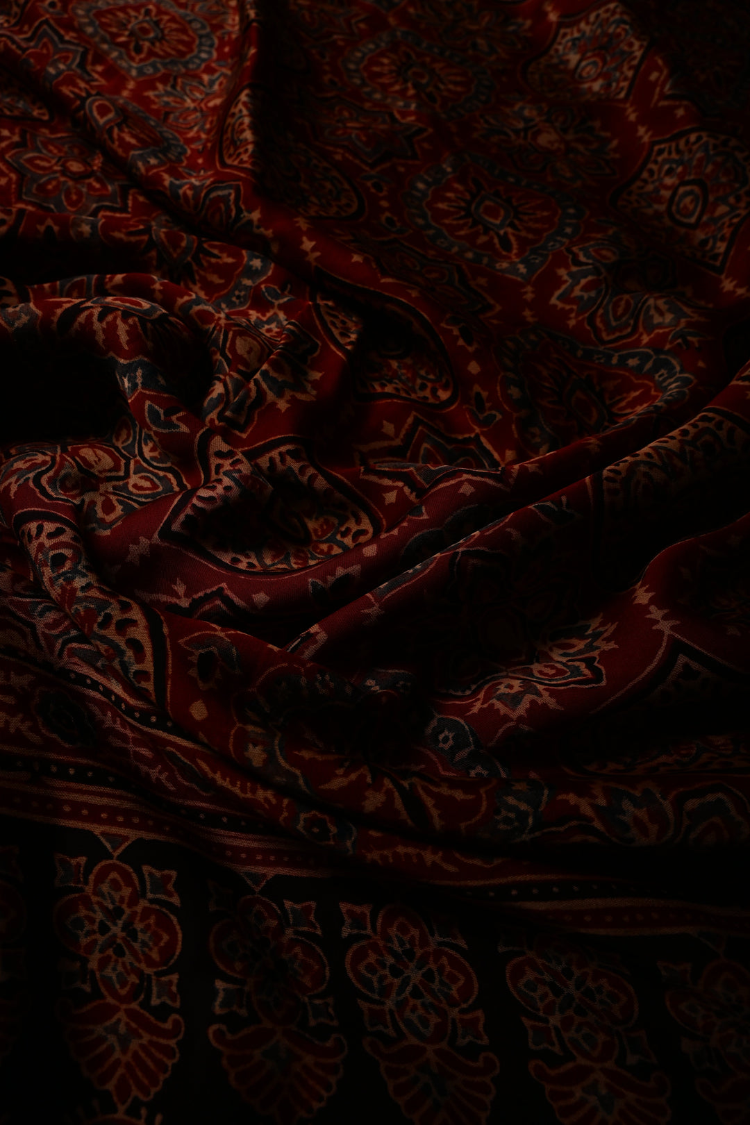 Blood Red Modal Silk Saree with Ajrakh Hand Block Print and Border | SHOBITAM