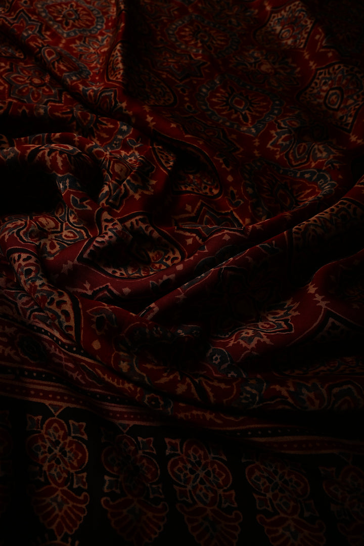 Blood Red Modal Silk Saree with Ajrakh Hand Block Print and Border | SHOBITAM