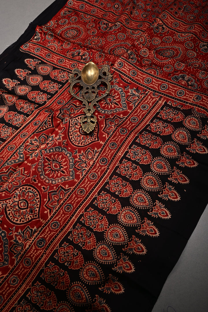 Blood Red Modal Silk Saree with Ajrakh Hand Block Print and Border | SHOBITAM