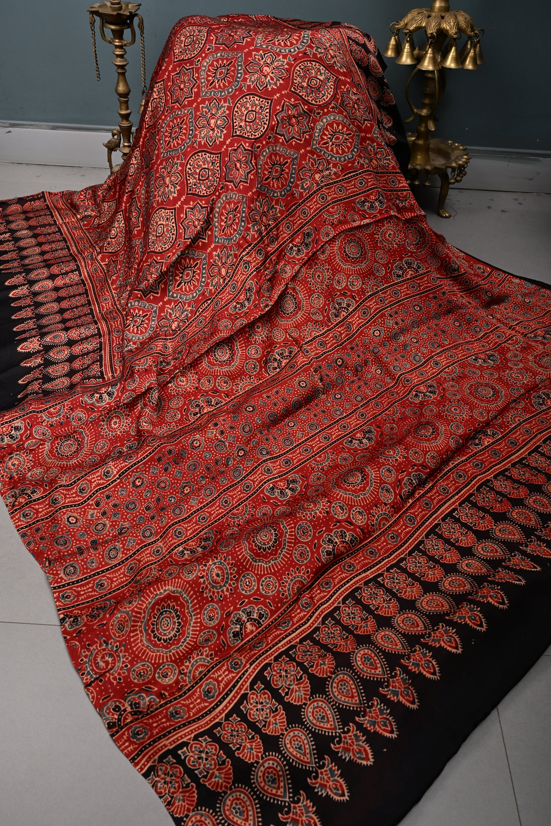 Blood Red Modal Silk Saree with Ajrakh Hand Block Print and Border | SHOBITAM