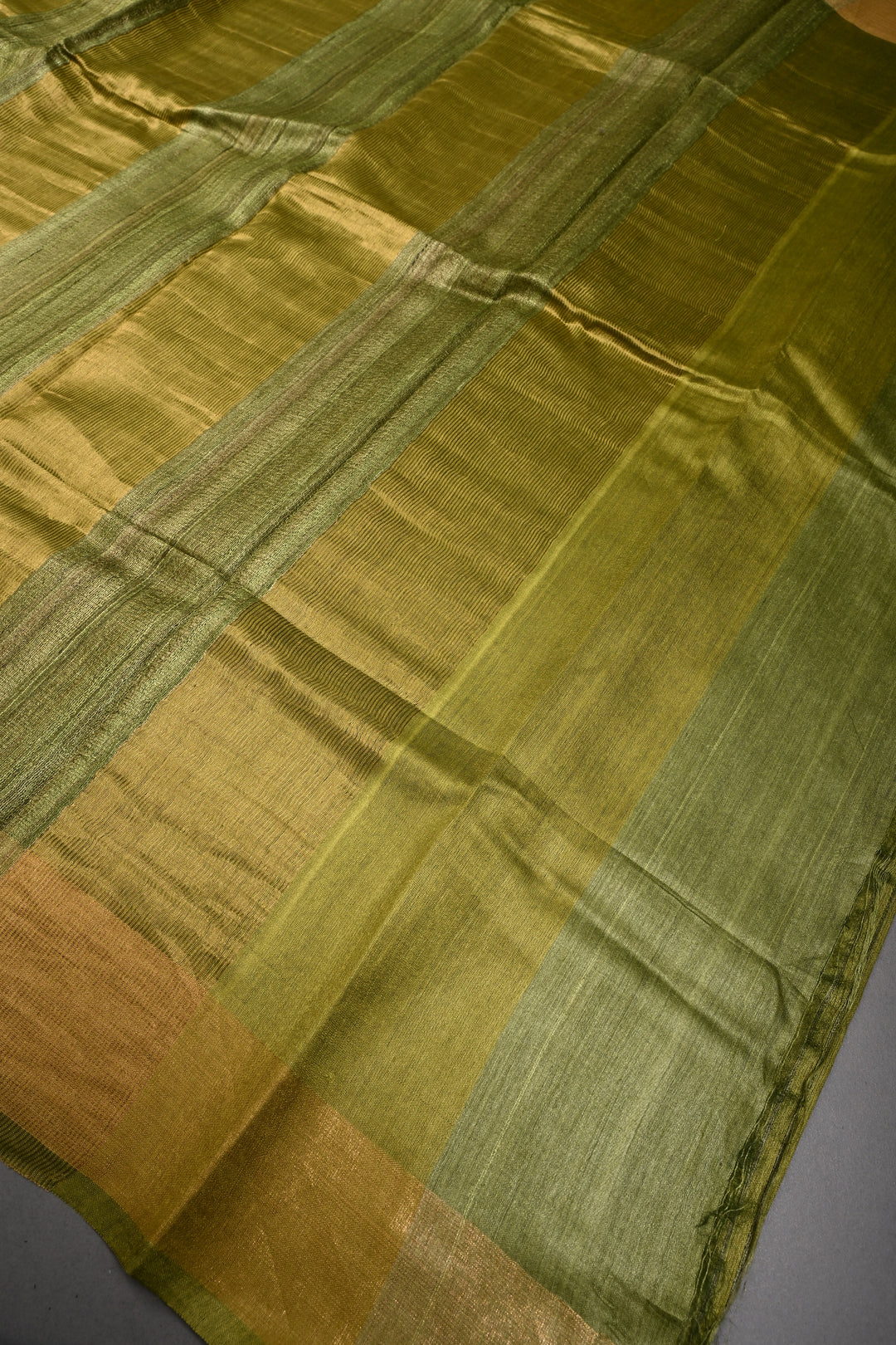 Mehendi Green Handloom Tussar Silk Saree with Muted Stripes and Tissue Zari Border | SILK MARK CERTIFIED