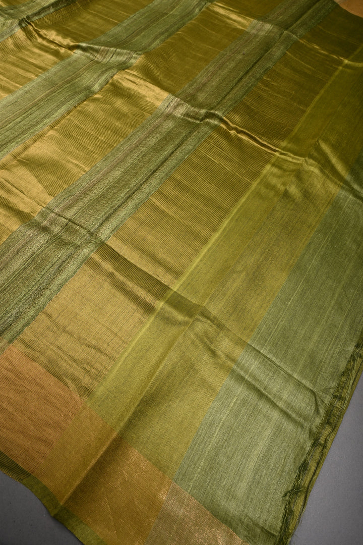 Mehendi Green Handloom Tussar Silk Saree with Muted Stripes and Tissue Zari Border | SILK MARK CERTIFIED
