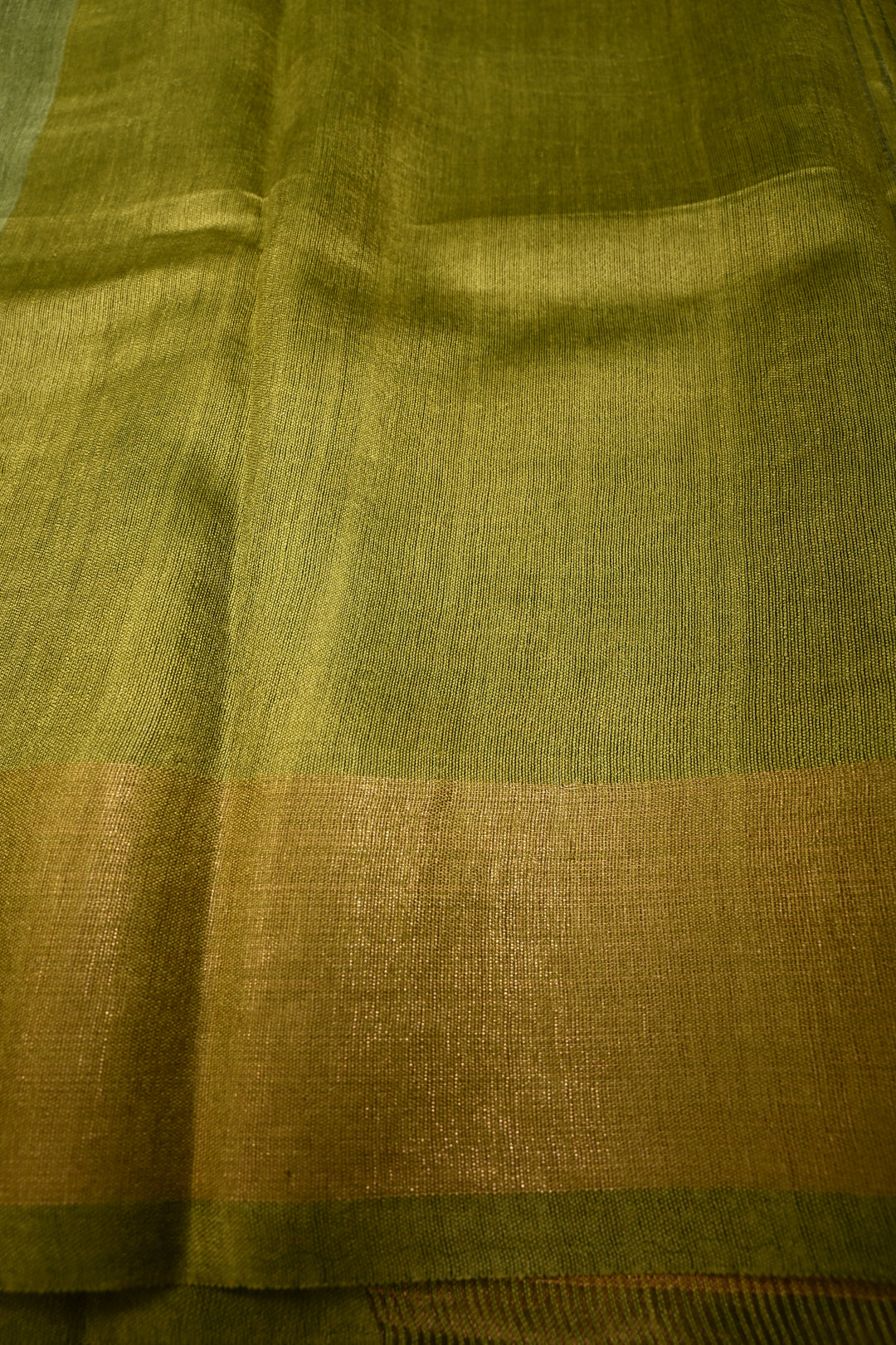 Mehendi Green Handloom Tussar Silk Saree with Muted Stripes and Tissue Zari Border | SILK MARK CERTIFIED