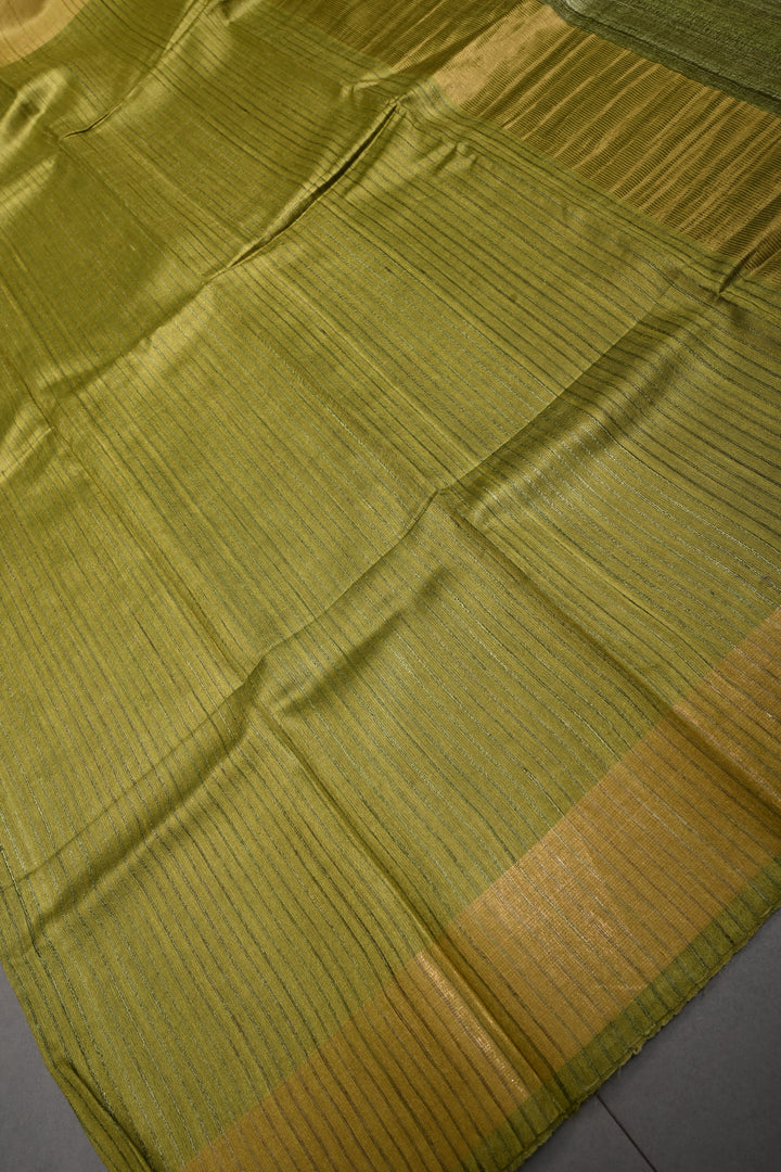 Mehendi Green Handloom Tussar Silk Saree with Muted Stripes and Tissue Zari Border | SILK MARK CERTIFIED