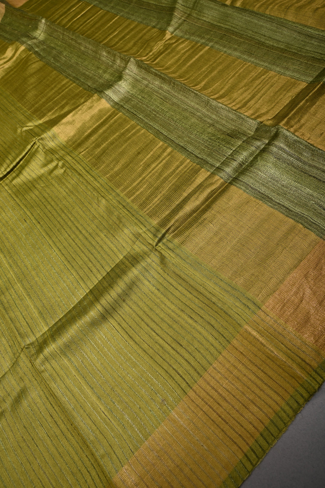 Mehendi Green Handloom Tussar Silk Saree with Muted Stripes and Tissue Zari Border | SILK MARK CERTIFIED