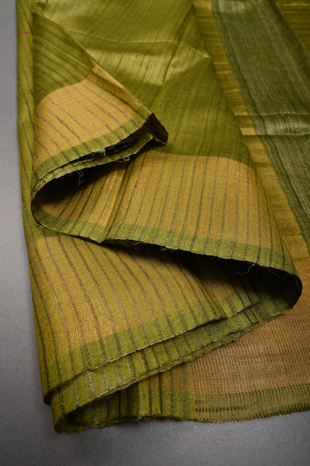 Mehendi Green Handloom Tussar Silk Saree with Muted Stripes and Tissue Zari Border | SILK MARK CERTIFIED