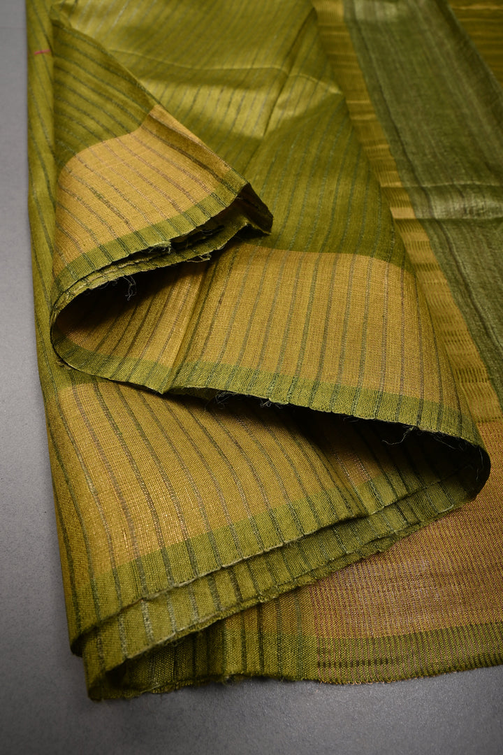 Mehendi Green Handloom Tussar Silk Saree with Muted Stripes and Tissue Zari Border | SILK MARK CERTIFIED