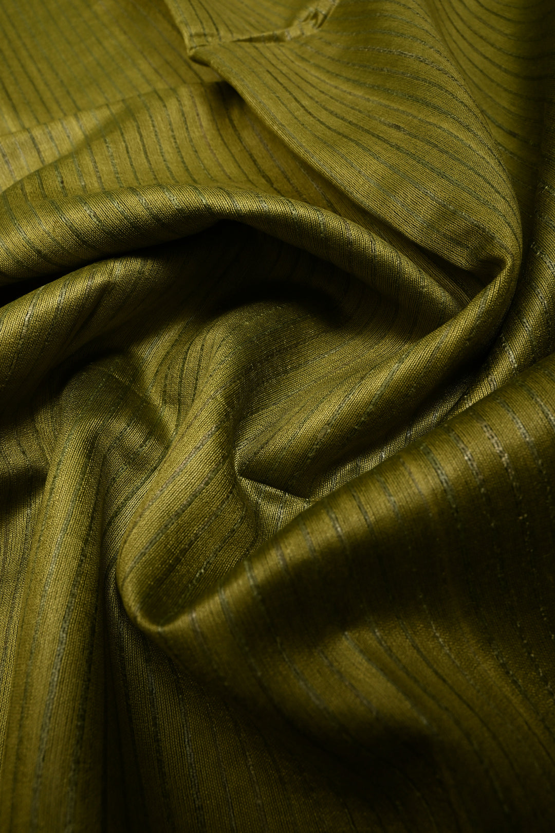 Mehendi Green Handloom Tussar Silk Saree with Muted Stripes and Tissue Zari Border | SILK MARK CERTIFIED