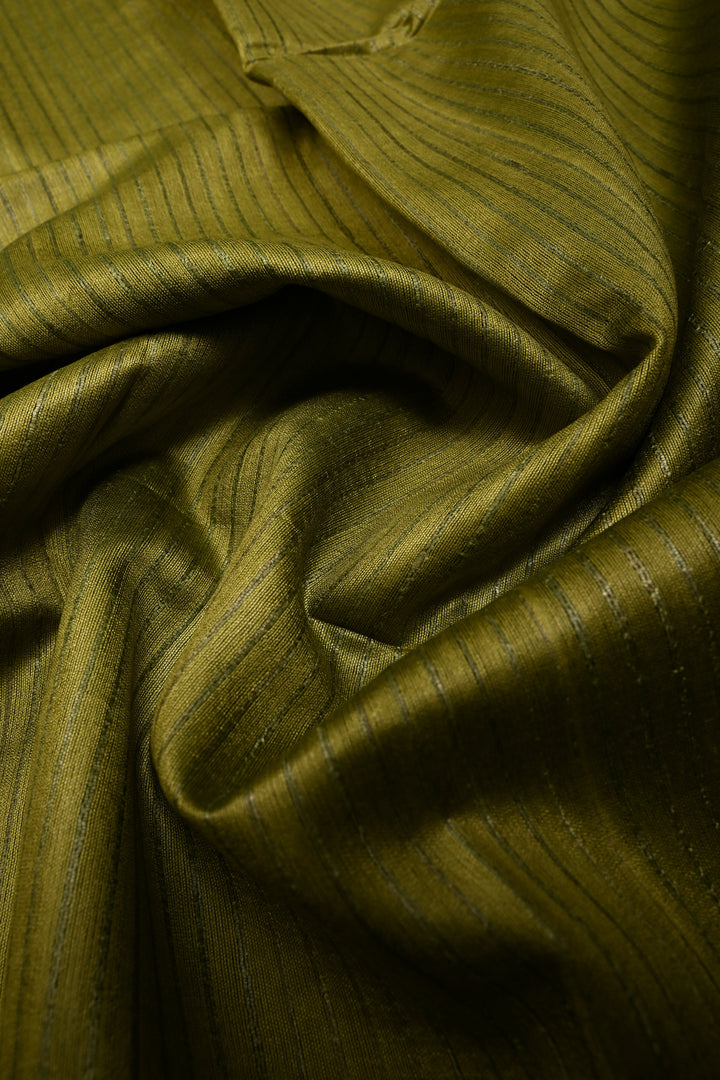 Mehendi Green Handloom Tussar Silk Saree with Muted Stripes and Tissue Zari Border | SILK MARK CERTIFIED