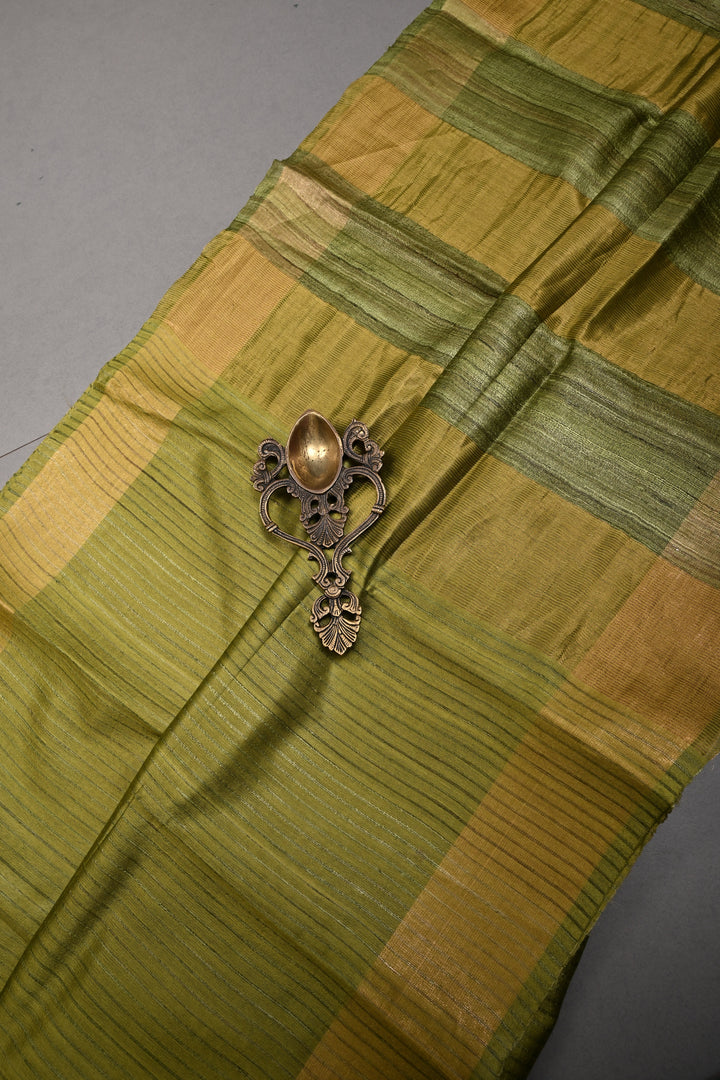 Mehendi Green Handloom Tussar Silk Saree with Muted Stripes and Tissue Zari Border | SILK MARK CERTIFIED