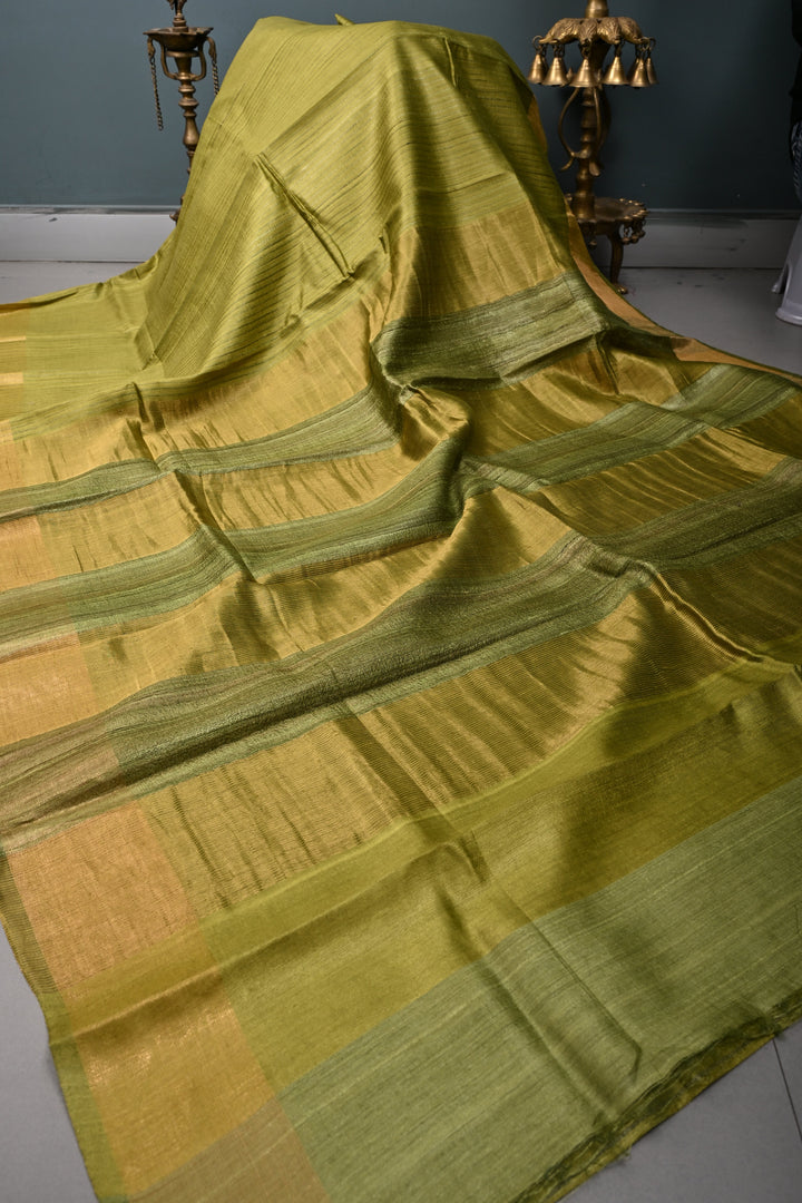 Mehendi Green Handloom Tussar Silk Saree with Muted Stripes and Tissue Zari Border | SILK MARK CERTIFIED