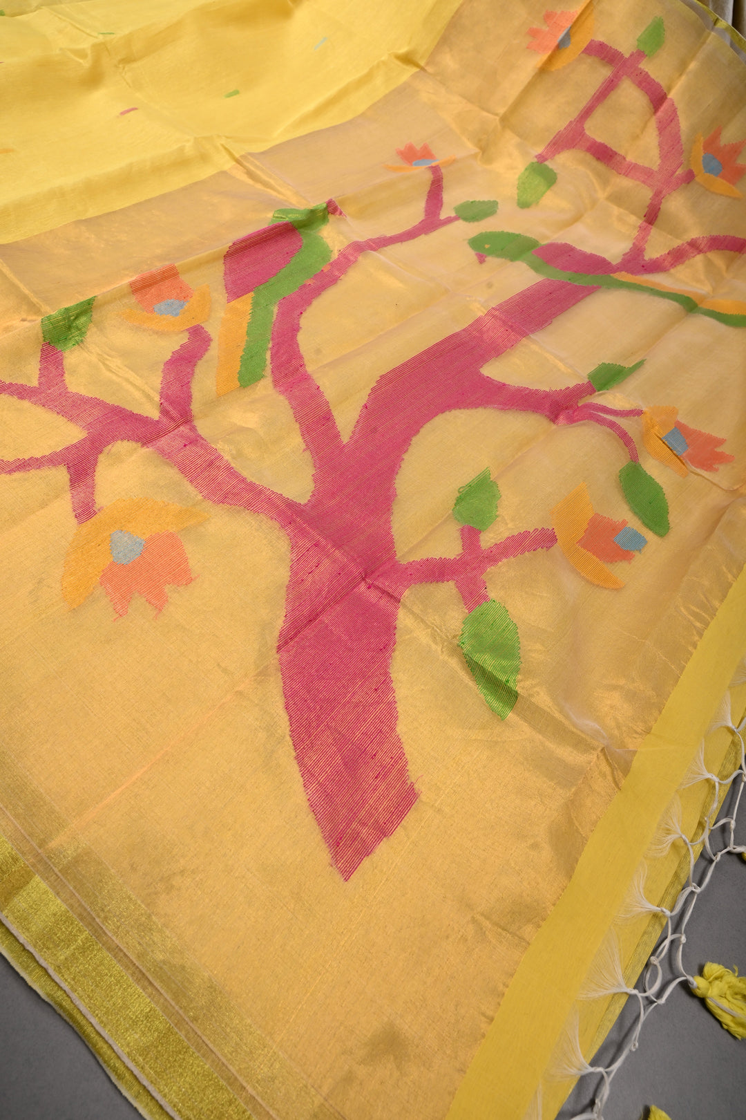 Mustard Yellow Meenakari Resham Buttas on Bengal Cotton Saree with Minimal Tissue Border and Jamdani Style Pallu   | SHOBITAM