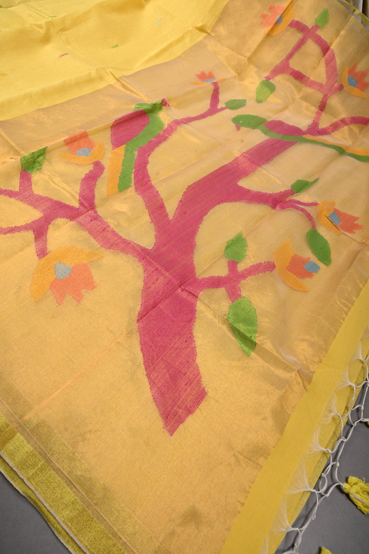 Mustard Yellow Meenakari Resham Buttas on Bengal Cotton Saree with Minimal Tissue Border and Jamdani Style Pallu   | SHOBITAM