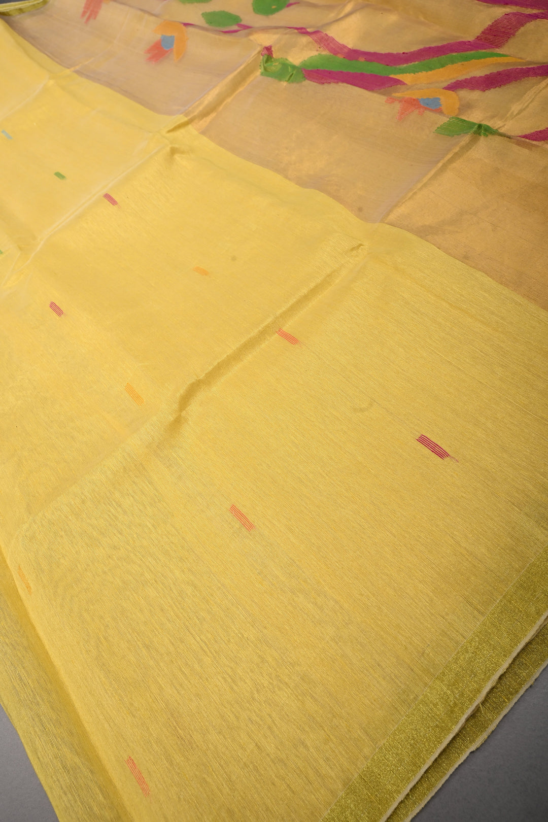 Mustard Yellow Meenakari Resham Buttas on Bengal Cotton Saree with Minimal Tissue Border and Jamdani Style Pallu   | SHOBITAM