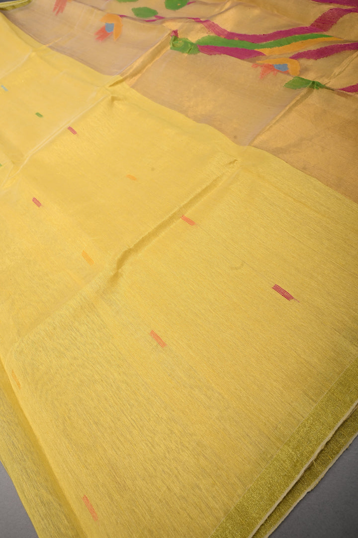 Mustard Yellow Meenakari Resham Buttas on Bengal Cotton Saree with Minimal Tissue Border and Jamdani Style Pallu   | SHOBITAM