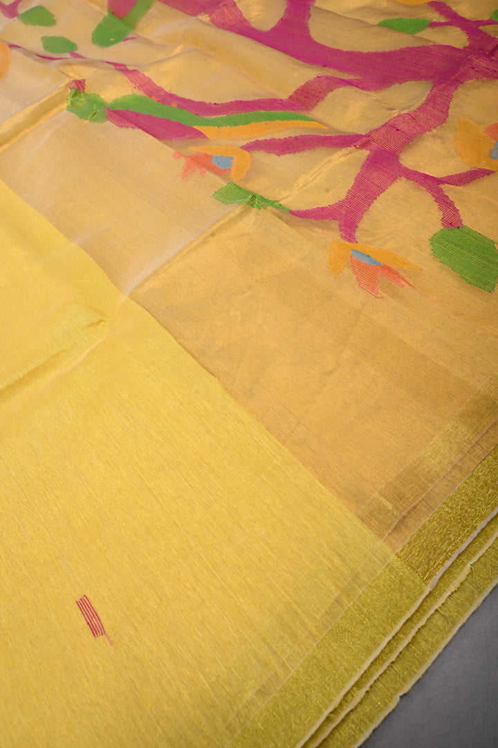 Mustard Yellow Meenakari Resham Buttas on Bengal Cotton Saree with Minimal Tissue Border and Jamdani Style Pallu   | SHOBITAM