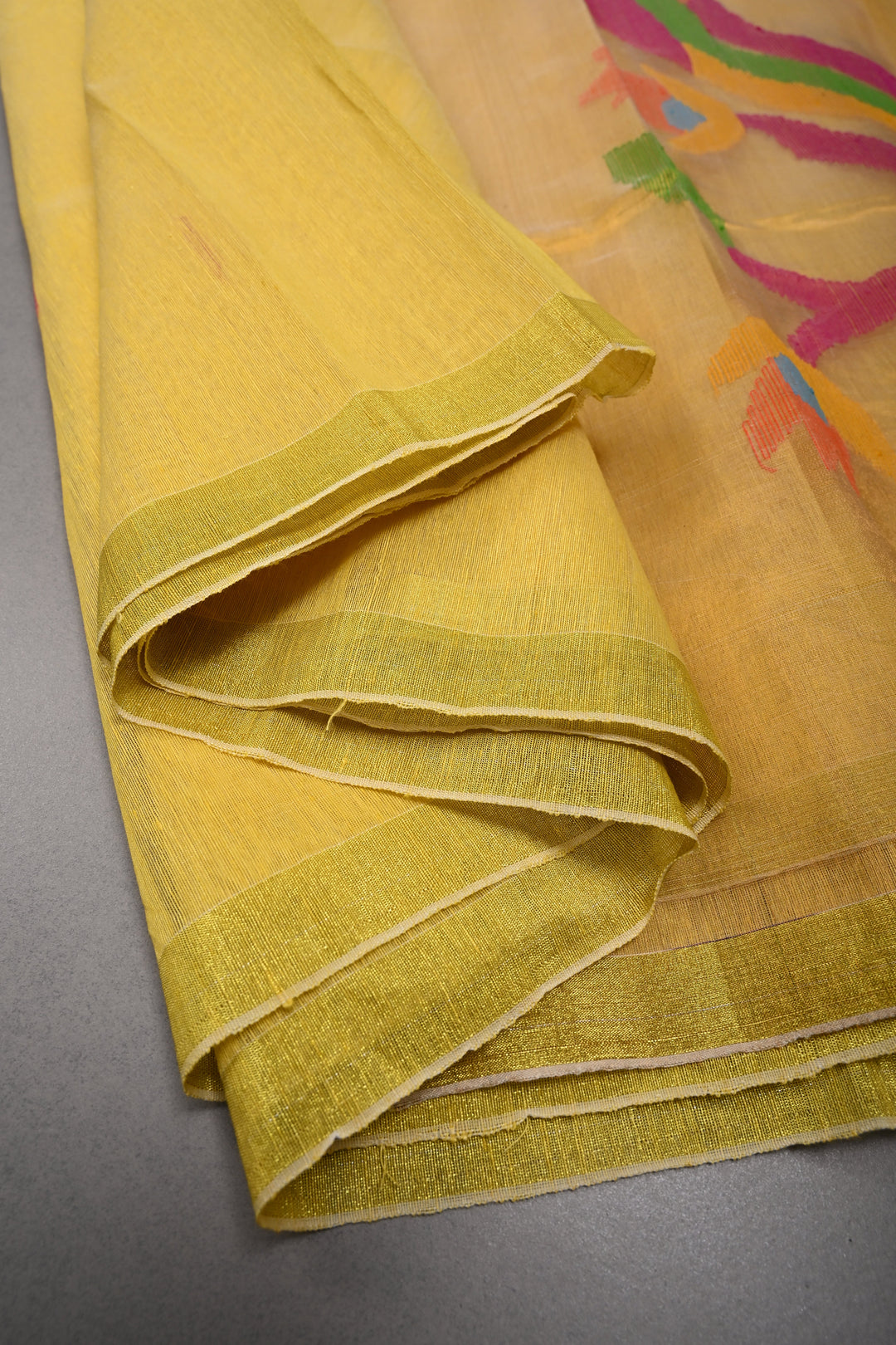 Mustard Yellow Meenakari Resham Buttas on Bengal Cotton Saree with Minimal Tissue Border and Jamdani Style Pallu   | SHOBITAM