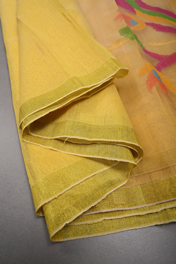 Mustard Yellow Meenakari Resham Buttas on Bengal Cotton Saree with Minimal Tissue Border and Jamdani Style Pallu   | SHOBITAM