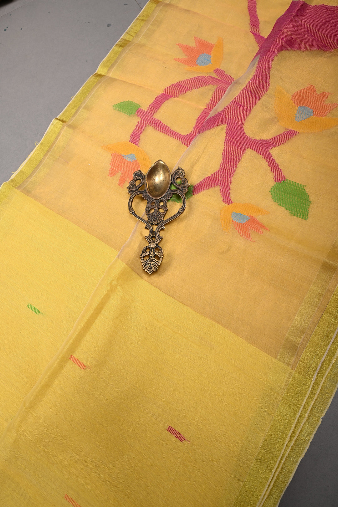 Mustard Yellow Meenakari Resham Buttas on Bengal Cotton Saree with Minimal Tissue Border and Jamdani Style Pallu   | SHOBITAM