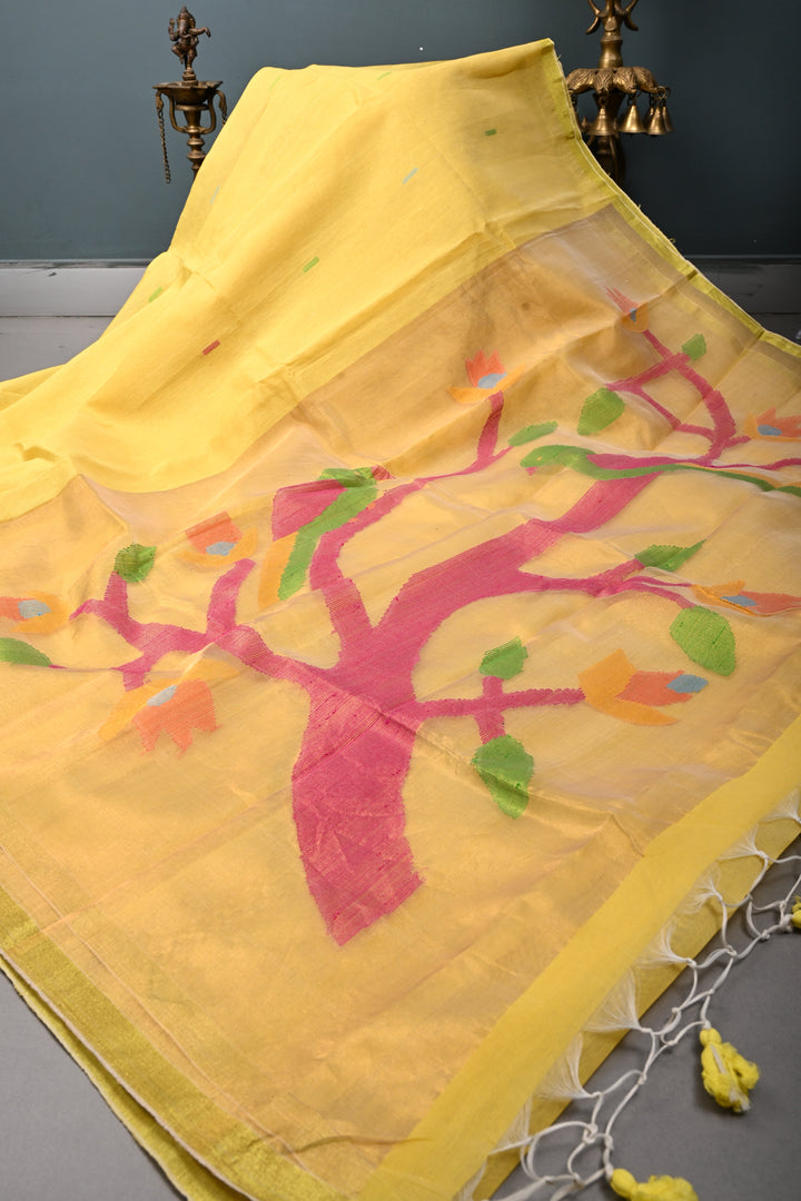 Mustard Yellow Meenakari Resham Buttas on Bengal Cotton Saree with Minimal Tissue Border and Jamdani Style Pallu   | SHOBITAM