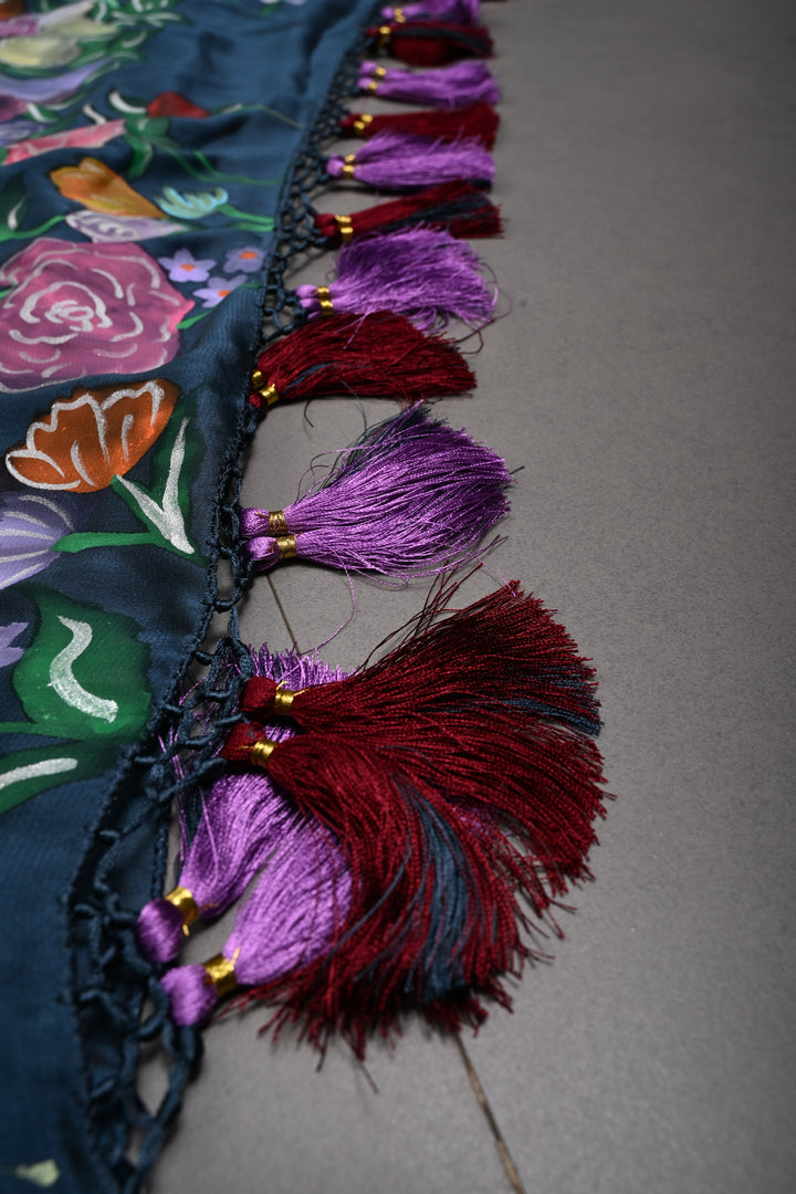 Floral Maiden Theme : Peacock Blue Shimmer Georgette Saree with Hand-Painted Portrait Art and Detailed Floral Vines, No Blouse Piece | SHOBITAM