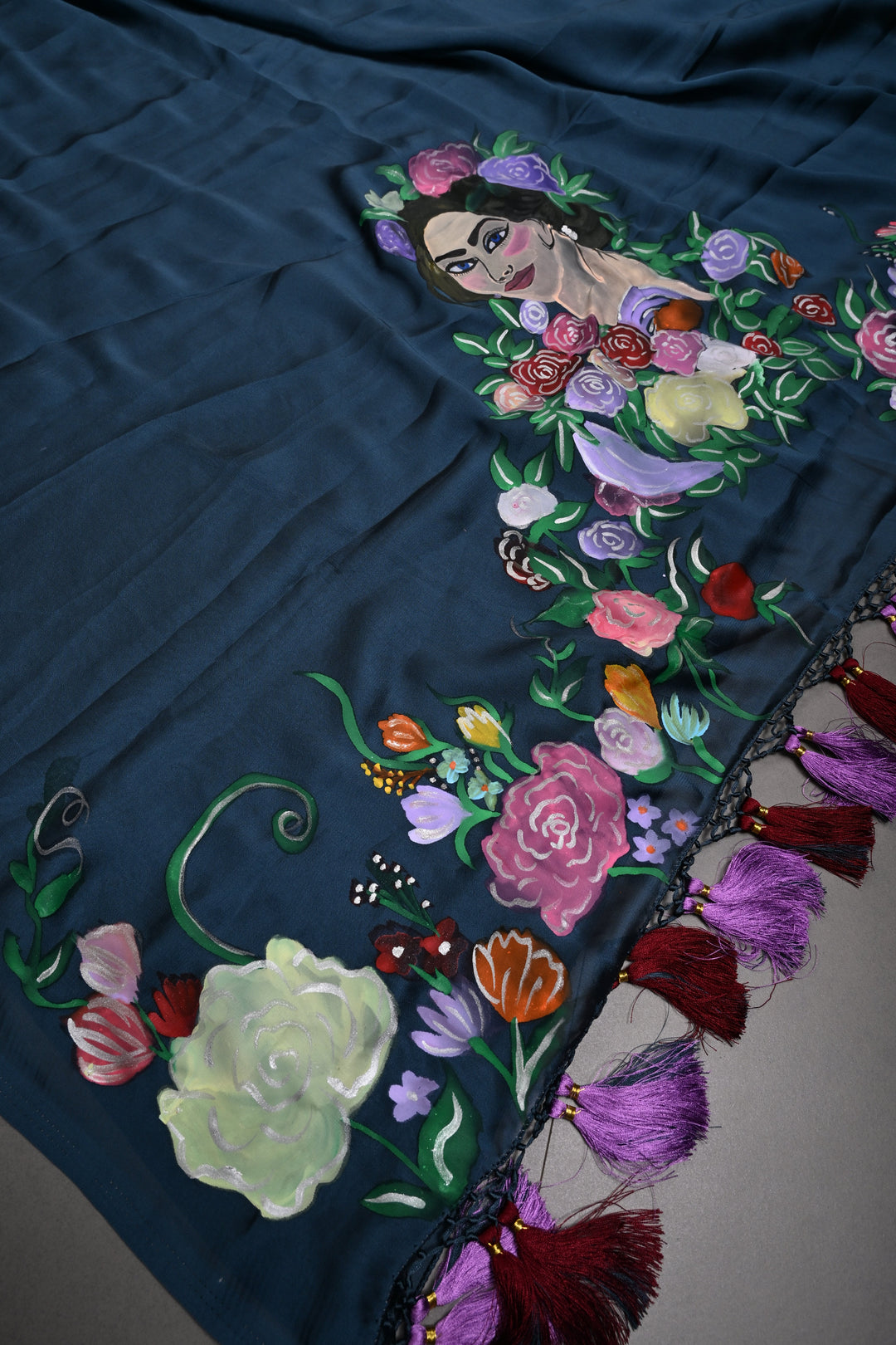 Floral Maiden Theme : Peacock Blue Shimmer Georgette Saree with Hand-Painted Portrait Art and Detailed Floral Vines, No Blouse Piece | SHOBITAM