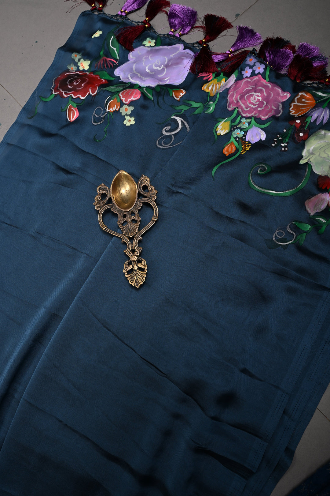 Floral Maiden Theme : Peacock Blue Shimmer Georgette Saree with Hand-Painted Portrait Art and Detailed Floral Vines, No Blouse Piece | SHOBITAM