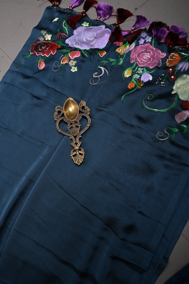 Floral Maiden Theme : Peacock Blue Shimmer Georgette Saree with Hand-Painted Portrait Art and Detailed Floral Vines, No Blouse Piece | SHOBITAM