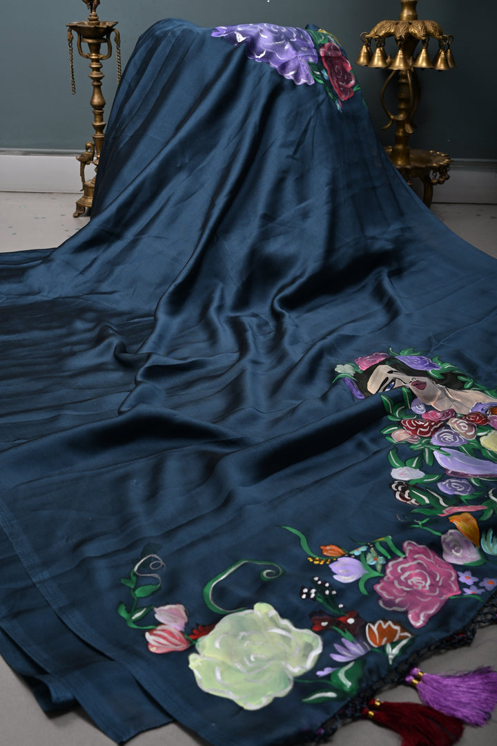 Floral Maiden Theme : Peacock Blue Shimmer Georgette Saree with Hand-Painted Portrait Art and Detailed Floral Vines, No Blouse Piece | SHOBITAM
