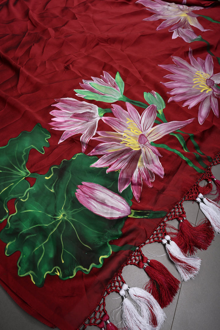 Maroon Shimmer Georgette Saree with Floral Handpainted , No Blouse Piece | SHOBITAM