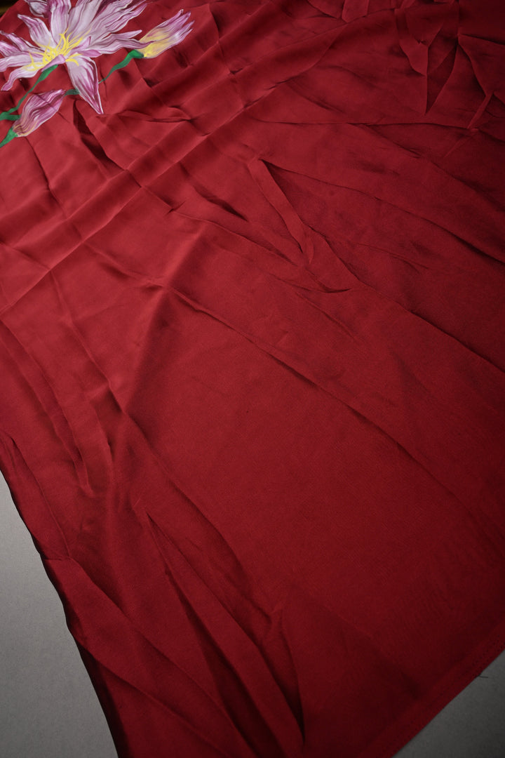 Maroon Shimmer Georgette Saree with Floral Handpainted , No Blouse Piece | SHOBITAM