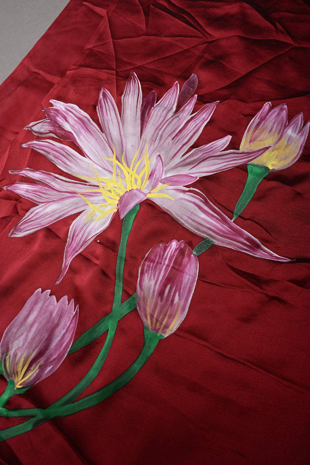 Maroon Shimmer Georgette Saree with Floral Handpainted , No Blouse Piece | SHOBITAM