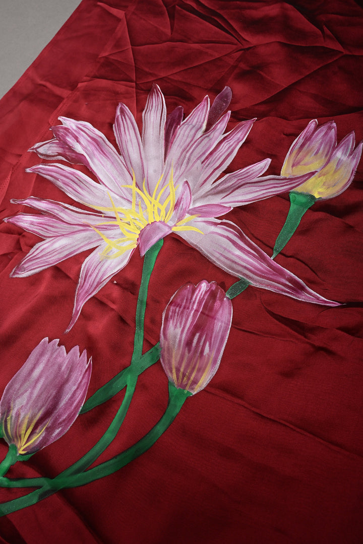 Maroon Shimmer Georgette Saree with Floral Handpainted , No Blouse Piece | SHOBITAM