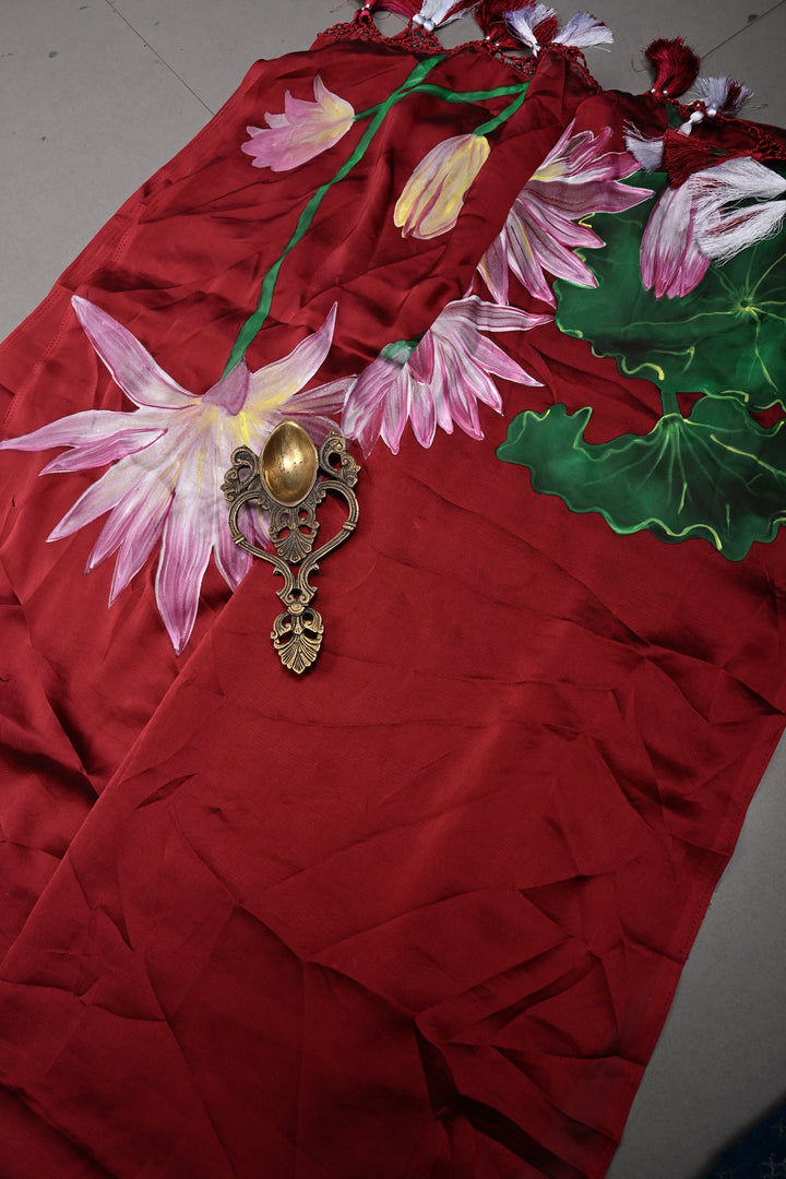 Maroon Shimmer Georgette Saree with Floral Handpainted , No Blouse Piece | SHOBITAM