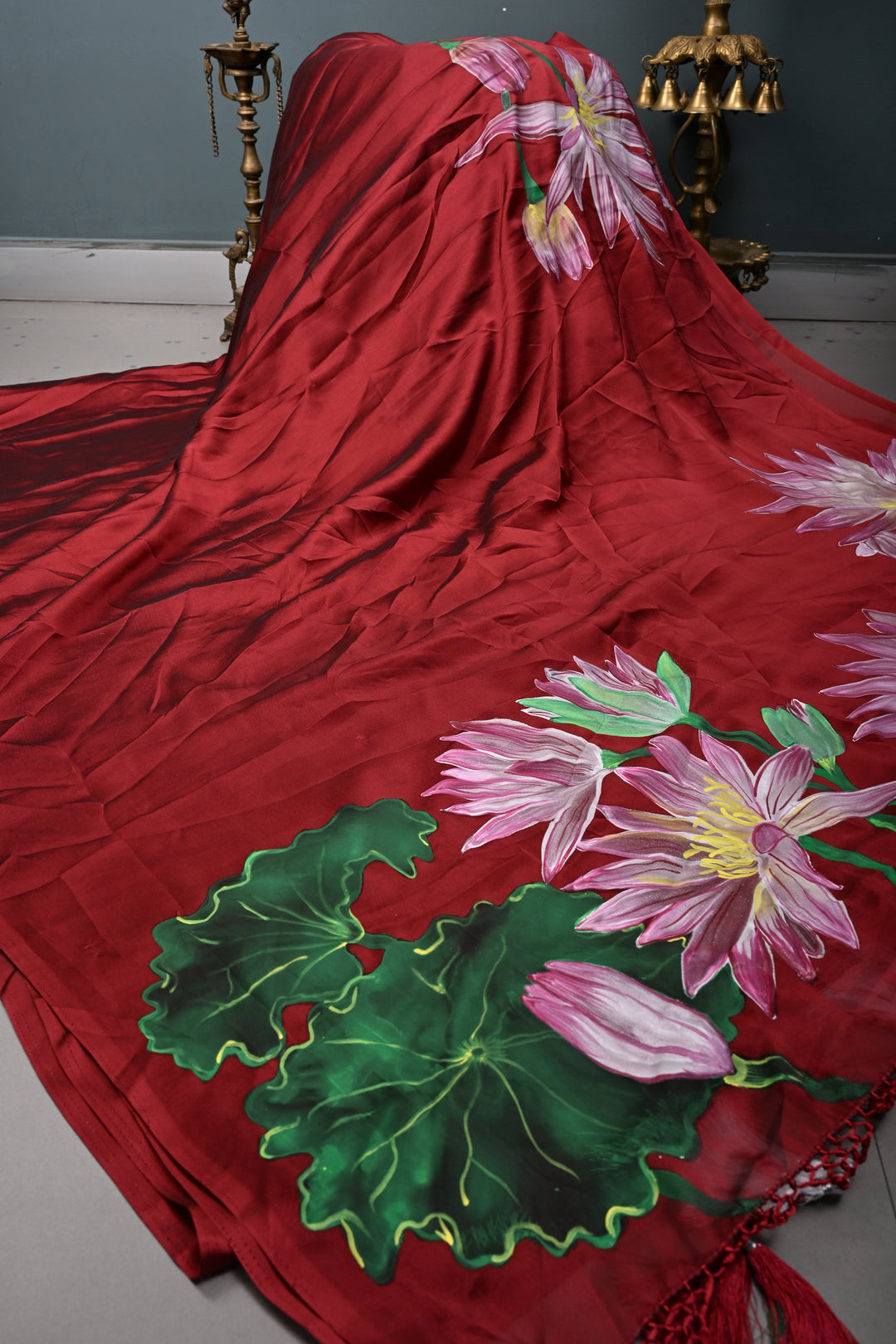 Maroon Shimmer Georgette Saree with Floral Handpainted , No Blouse Piece | SHOBITAM
