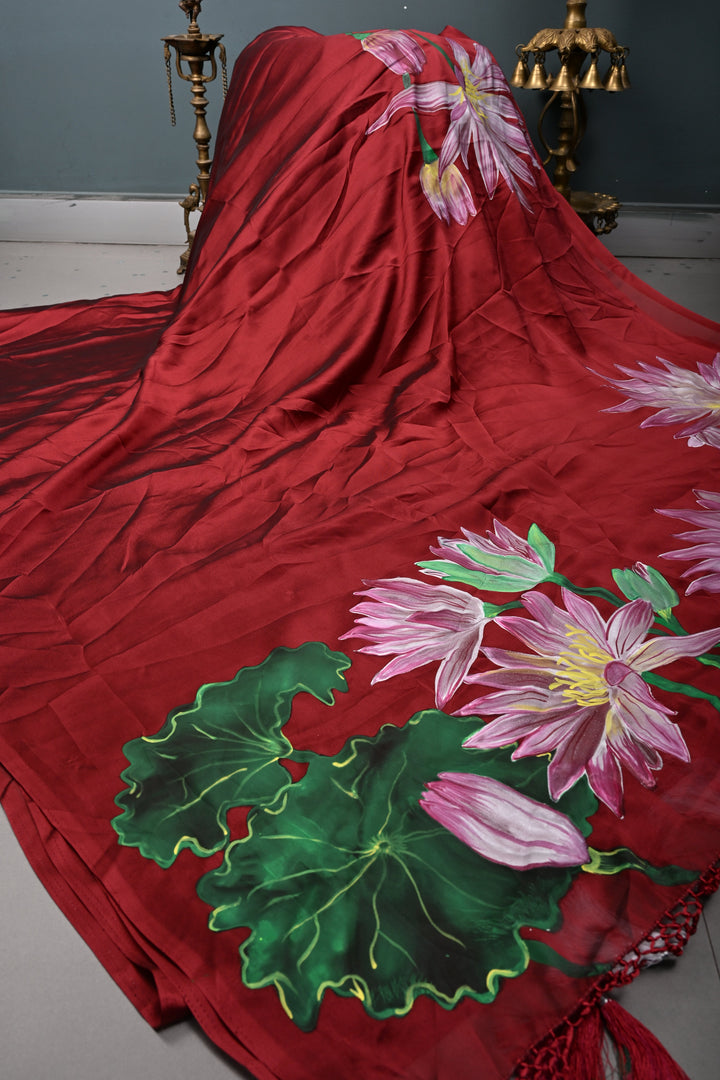 Maroon Shimmer Georgette Saree with Floral Handpainted , No Blouse Piece | SHOBITAM