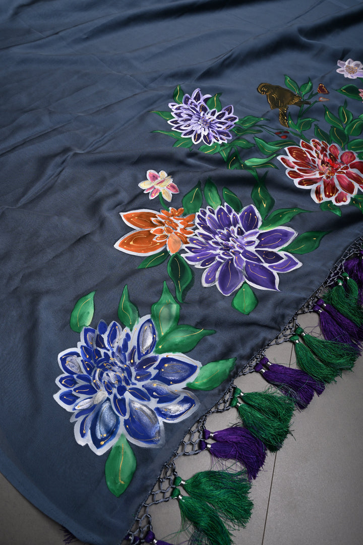 Cloudy Gray Shimmer Georgette Saree with Floral Handpainted , No Blouse Piece | SHOBITAM